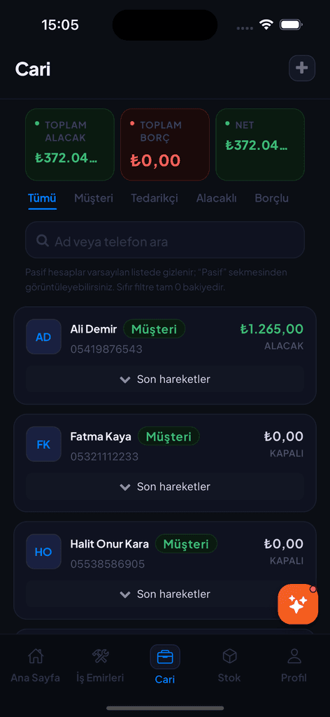 Dijital Çırak cari hesap ekranı