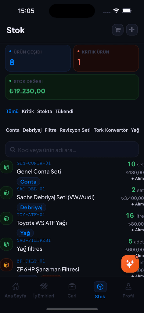 Dijital Çırak stok yönetimi ekranı